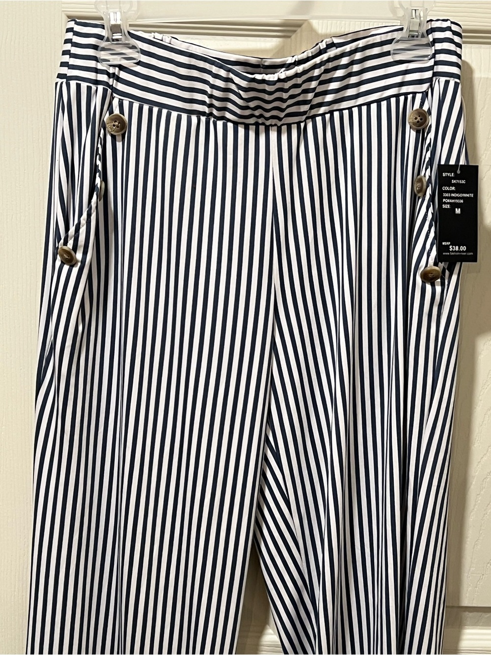 Navy and White Striped A-Line Skirt with Button-Trim